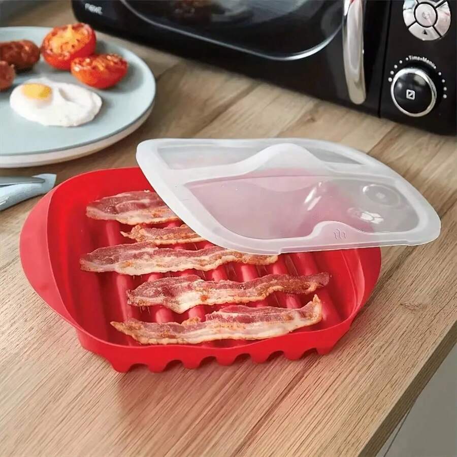 Microwave Bacon Cooking Tray, Microwave Bacon Maker With Splash Cover, Microwave Bacon Grill Pizza Tray, Efficient Food Preparation Kitchen Tool, Microwave Bacon Baking Tray, Microwave Grill Tray, Microwave Bacon Dish, Microwave Bacon Box