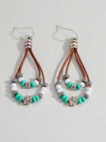 1 对波西米亚风格合金耳环，配绿松石珠，双层吊坠耳环，复古时尚珠宝礼物，适合女性，适合所有季节 - 彩色 - 查看 21