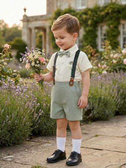 2pcs Young Boys Gentleman Outfit - Short Sleeve Shirt With Bow Tie And Green Suspender Shorts, Fashionable And Stylish For Wedding, Birthday Party, Anniversary