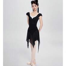 Daydance 1件女士芭蕾舞紧身衣，V领蕾丝拼接舞蹈紧身衣，成人芭蕾舞者紧身衣，带插角袖 - 黑色 - 查看 8