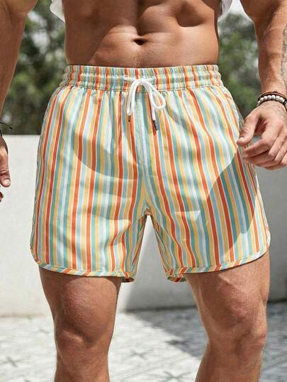 Men's Drawstring Waist Striped Pocket Casual Beach Shorts Vertical Striped Drawstring Waist Swim Trunks Striped Vacation Casual Swim Shorts Men's Swim Trunks Men's Beach Wear Men's Swim Shorts Hawaiian Style