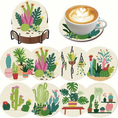 8件套仙人掌DIY钻石画杯垫套装，圆形闪亮钻石表面，强力背胶，工具齐全，适合初学者，减压手工，新年、情人节、圣诞节、教师节礼物，家居装饰杯垫，送给家人、朋友、女朋友、老师