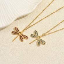 1Pc Retro Dragonfly Necklace Female Long Style, Metal Pendant Collarbone Chain Versatile, Personalized Design Items - Màu xanh lam - Xem 3