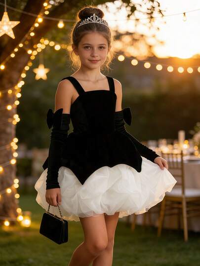 2件套女童优雅可爱天鹅绒蝴蝶结天鹅花苞连衣裙，带袖，公主裙，适合舞台表演、生日派对、户外度假、聚会、宴会、复活节等场合。