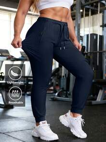 Plus Size Women's Casual Pants, Single Piece, Lightweight & Thin Fabric, High Elasticity For Comfort, Quick-Dry Technology, Breathable & Soft, Drawstring Waist With Pockets, Jogger Style For Gym, Yoga, Daily Wear, Versatile Solid Color Active Bottoms - 深藍色 - 查看 2