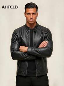 AHTELB Men's Casual Retro Motorcycle Leather Jacket, Spring Autumn Black - Black - View 1