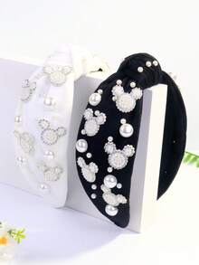 1pc Women's Pearl & Rhinestone Embellished Cute Cat Design Elegant Polyester Knotted Headband, Suitable For Summer - Multicolor - View 2