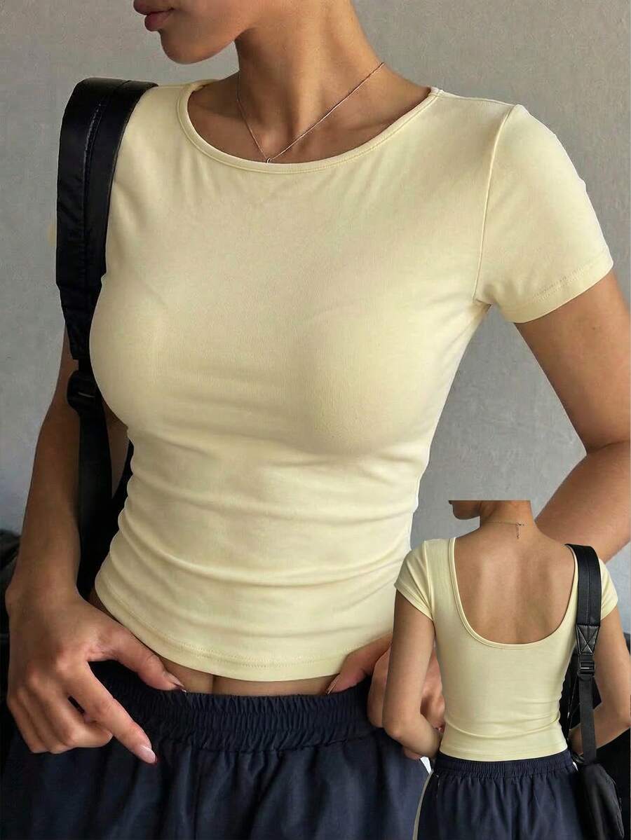 Women's Summer Casual Lightweight Cropped Hollow-Out Backless T-Shirt, Suitable For Street Style, Gym, Ballet Practice, Soft Yellow - Light Yellow - View 1