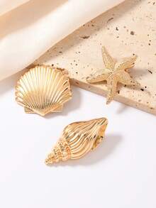 1pc/3pcs Vintage Ocean Inspired Hair Barrettes - Gold Tone Shell & Starfish Hair Clips, Boho Hair Pins For Women,Summer,Holiday,Travel - Gold - View 7