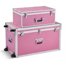 Metal Storage Trunk, Set Of 2, Wooden Suitcase Storage Boxes With Padlocks, Large Trunk Includes Casters & 3 Metal Handles, Decorative Store Chest With Lids For Travel, Apartment, Dorm, Pink - màu hồng, cao 15-18 inch. - Xem 9