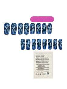 Black & White Zebra Print Nail Stickers, Stylish Long Lasting Nail Art Decals, High-End Black & White Zebra Pattern Nail Wraps, Influencer Same Style Brightens Hands - Navy Blue - View 4