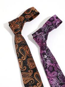 1条男士经典佩斯利花纹领带，黑橙紫图案西装领带，适合商务、派对和日常穿着。 - 彩色 - 查看 1