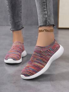 女士针织弹力透气轻便休闲平底一脚蹬运动鞋，情侣百搭宽松跑步鞋 - 彩色 - 查看 11