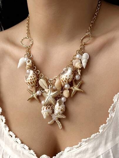 1pc New Summer Beach Shell Waist Chain, Bohemian Style Seaside Resort Starfish & Seashell Pendant Necklace For Women