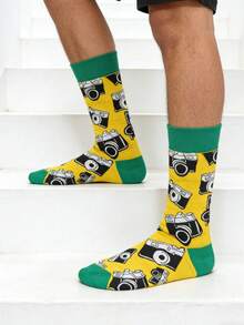 1 Pair Unisex Yellow Camera Printed Fashion Mid-Calf Socks, Suitable For All Seasons - Yellow - View 6