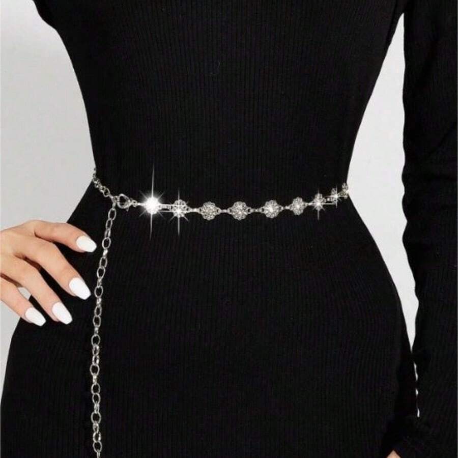 1 pieza Cadena de cintura con flor hueca de tono plateado y cristales para mujer, versátil para uso diario, fiesta, vacaciones, vestido de noche a juego, cena de vacaciones, ocasión formal, adecuado para amigas, madre, familia, novia, cumpleaños, Día de San Valentín, uso en la oficina - Plateado - Ver 1