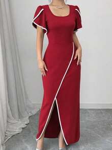 Women's Short-Sleeved, Square-Neck Crepe Dress With Front Crisscross Detail. , 31400 - Red - View 2