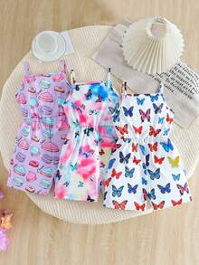 3pcs Set Young Girl Fashion Casual Butterfly/Sweet Print Cover-Up & Jumpsuit, Suitable For Outdoor Spring Summer - Multicolor - View 2