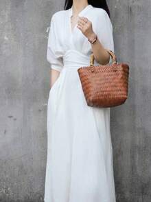 Designed And Elegant, V-Neck Waist Slim-Fitting Shirt Dress, Designed Pocket V-Neck Waist A-Line Skirt Long Sleeve Tops Primavera A Verano White Tops Resort Wear Women Mardi Gras Dresses For Women Vestidos Elegantes De Mujer Y2k Clothes Women Easter Dresses For Women Easter Outfit Women Women Clothes - 白色 - 查看 3