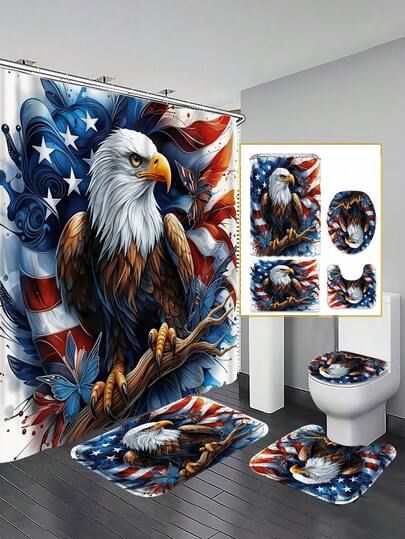 1/3/4pcs Retro Star And Striped Eagle Butterfly Shower Curtain Set Home Decor, Bathroom Curtains, Bathroom Set, Bathroom Accessories, Includes Shower Curtain, Bathroom Shower Curtain Set. Multi-Size Shower Curtain Sets, Decorative Bathroom Accessories Include Shower Curtains, U-Shaped Toilet Seat Covers, Non-Slip Mats, Toilet Seat Covers, And 12 Shower Curtain Hooks. Suitable As Gifts For Housewarming, Birthdays, Holidays, And Between Boyfriends And Girlfriends.