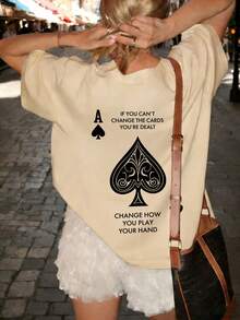 新款黑桃A印花图案圆领短袖T恤。女士新款简约可爱图案休闲度假风宽松百搭圆领短袖T恤，时尚日常穿着，适合情人节、返校季、教师节等节日。字母印花短袖T恤，柔软宽松舒适，高端街头度假风宽松休闲百搭短袖上衣，夏季必备。 - 杏色 - 查看 2