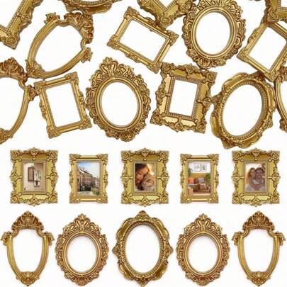 15pcs Mini Retro Photo Frames, Small Resin Vintage Style Frames, Small Gold-Tone Frames Suitable For DIY Wall Hanging, Jewelry Display, Photography, Party, Hotel, Home Decor