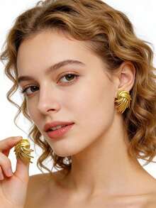 1 Set Women's Stainless Steel Gold-Plated Earrings, Tropical & Artistic Design, Layered Leaf Texture, Five-Petal Flower Shape, Minimalist Geometric Spiral, Suitable For Daily Commute Or Vacation Outfit - 3-pair Set - View 3