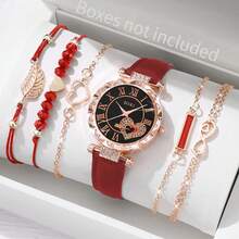 SOKI SOKI 1 Set Fashion Casual Quartz Watch, Heart-Shaped Roman Numeral Dial With Leaf Pattern Bracelet, Suitable For Daily Wear, Birthday Gift, Back To School, Thanksgiving, Couples' Holidays, Best Gift (Excluding Gift Box) - Red - View 1