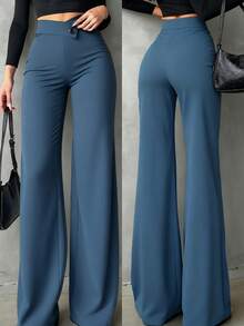 女士纯黑色休闲优雅直筒裤，返校季必备单品，不对称V型腰线凸显曲线，适合日常穿着、办公通勤、约会、春季度假等场合。 - 藍灰色 - 查看 1