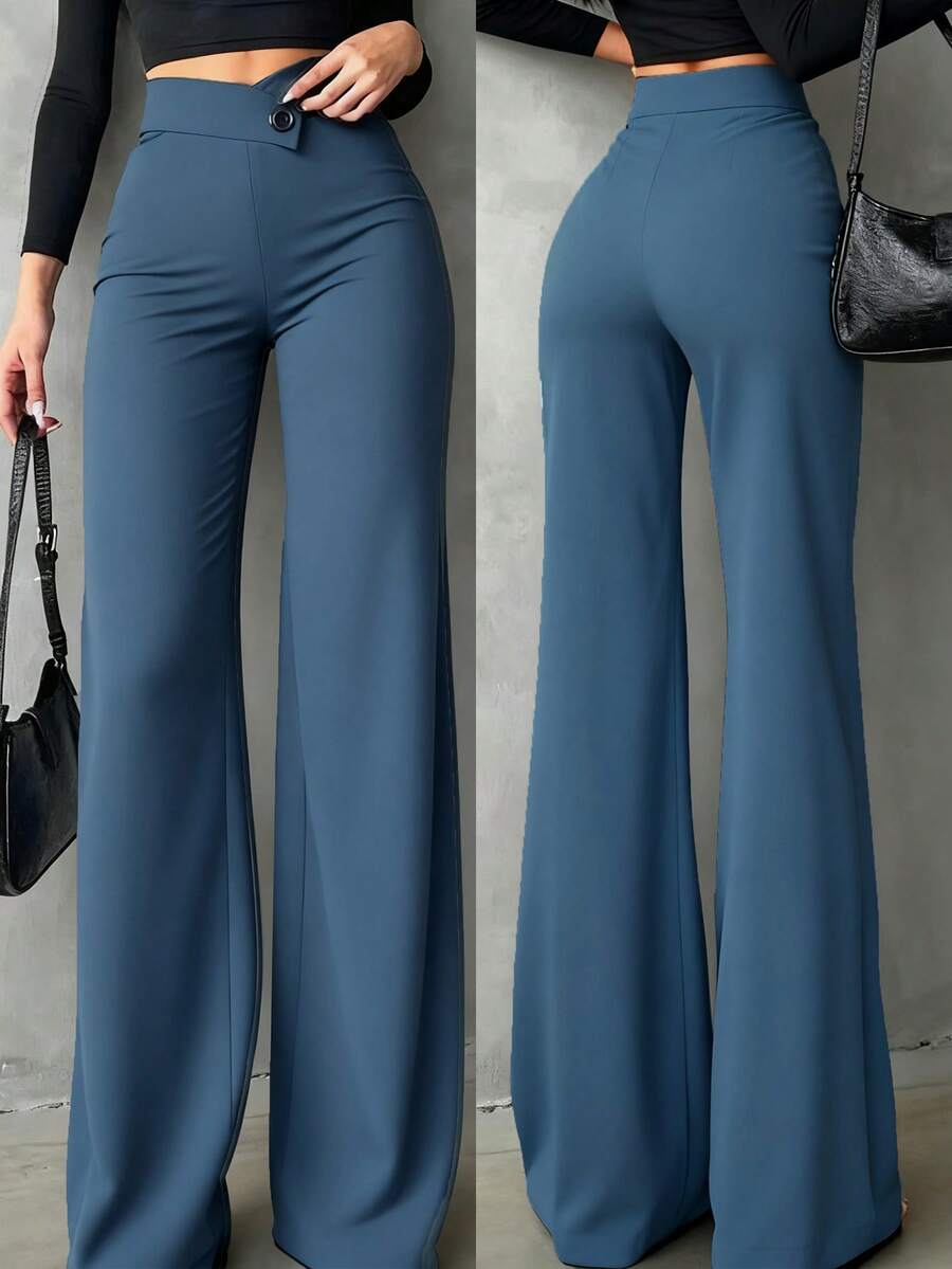 女士纯黑色休闲优雅直筒裤，返校季必备单品，不对称V型腰线凸显曲线，适合日常穿着、办公通勤、约会、春季度假等场合。 - 藍灰色 - 查看 1
