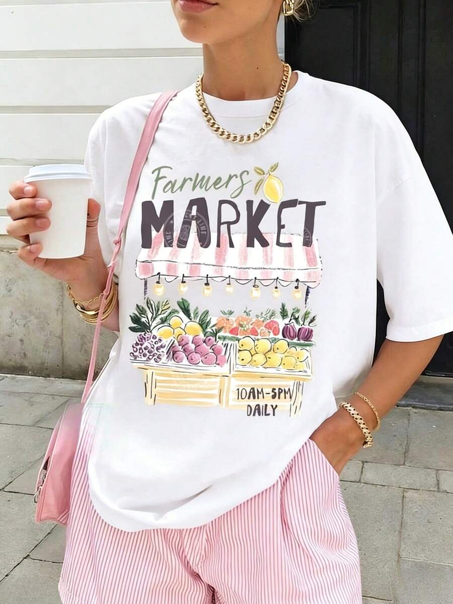 Comfortable Colors, Vintage Farmers Market T-Shirts, Summer Pattern T-Shirts, Italian Summer T-Shirts, Vacation T-Shirts, Women's Travel T-Shirts, Fruit T-Shirts - 白色 - 查看 1