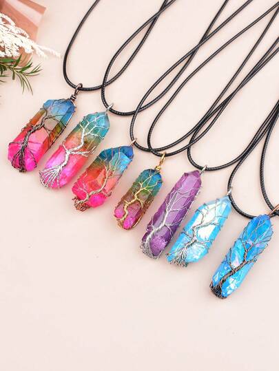 Dây chuyền mặt dây hình cây sự sống đính pha lê cầu vồng, làm thủ công bằng dây kim loại quấn, trang sức tối giản thời trang, vòng cổ choker cá nhân hóa độc đáo.