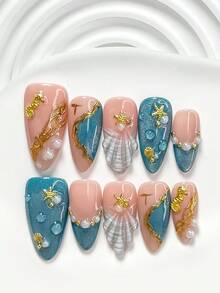 Bộ 10 miếng dán móng tay thủ công, phong cách cổ tích biển sâu, miếng dán móng tay acrylic, trang trí móng tay hình sao biển, cá ngựa và vỏ sò 3D, nghệ thuật vẽ móng viền vàng đại dương, sơn móng tay hiệu ứng mắt mèo màu xanh dương, phong cách biển cả tươi mát, bao gồm dụng cụ làm móng (1 miếng dán gel + 1 dũa móng), 3 kích cỡ: vuông, vuông ngắn, hạnh nhân, phù hợp cho tiệc tùng, sử dụng hàng ngày, chụp ảnh, đi làm mùa xuân/hè. - Nhiều màu - Xem 16