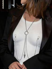 1 pieza Anillo de pezón con colgante de metal cónico plateado y sexy, joyería corporal para mujer con diamante de imitación - Plateado - Ver 1