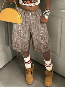 Casual Women's Denim Bermuda Shorts Straight Leg Non-Stretch Snake Print Pattern - Camel - View 8