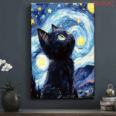 2D Flat - 1 Piece Cartoon Cute Black Cat Looking Up At The Starry Sky Canvas Print Poster, Modern Wall Art Decor Painting, Suitable For Living Room, Dining Room, Office, Bedroom Decoration, Room Decor, Wall Art, Home Decoration, Ideal Gift For Cat Lovers