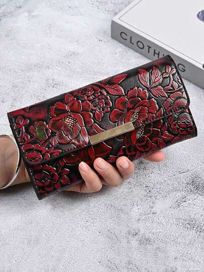 Nouveau modèle de portefeuille long pour femmes avec motif floral vintage gaufré. Élégant étui à fleurs en cuir à motif avec compartiments pour cartes et pièces. Cadeau idéal pour femmes. Accessoires essentiels de sac à main et pochette de téléphone.