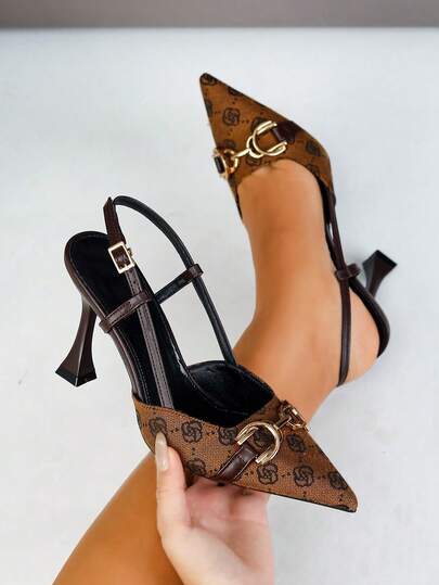Women's High Heel Pointed Toe Fashion Metal Decor Buckle Retro Floral Embroidery Side Stripe Backless Slingback Pumps