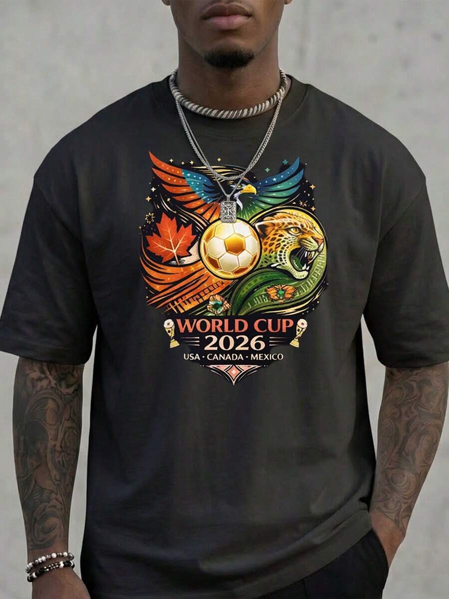 Men's FIFA World Cup 2026 Themed T - Shirt With Eagle, Jaguar, Maple Leaf & Soccer Ball Print - 100% Cotton, Breathable & Comfortable, Essential For Cheering On Your Favorite Team - 黑色 - 查看 1