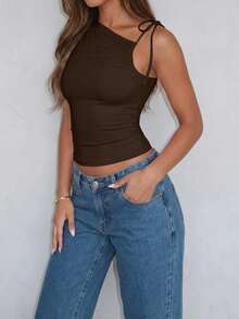 Asymmetric Tie Dye Sleeveless Crop Top, Stretchy & Comfortable For Summer - Coffee Brown - View 9