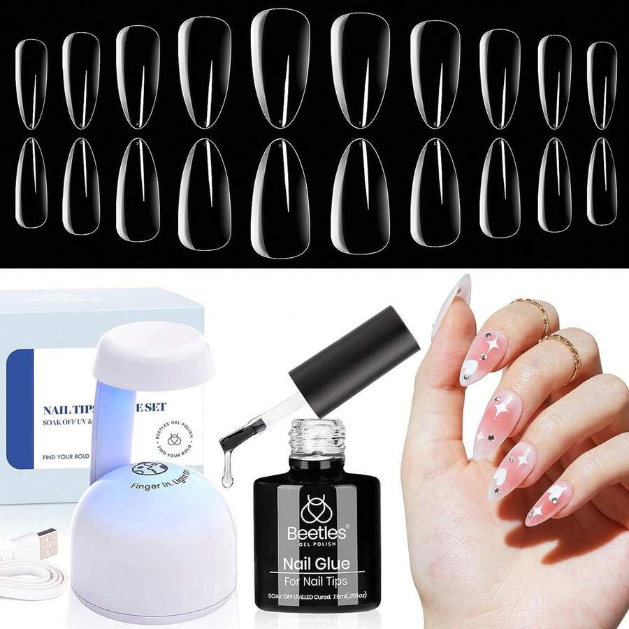 Beetles Gel Nail Kit Short Almond Gift Spree Easy DIY Extension Set Gift For Women - Almond Medium 500pcs (Clear Kit) - View 1