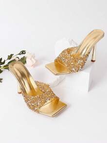 Fashionable Women's High-Heeled Sandals With Shiny Rhinestones - Gold - View 16
