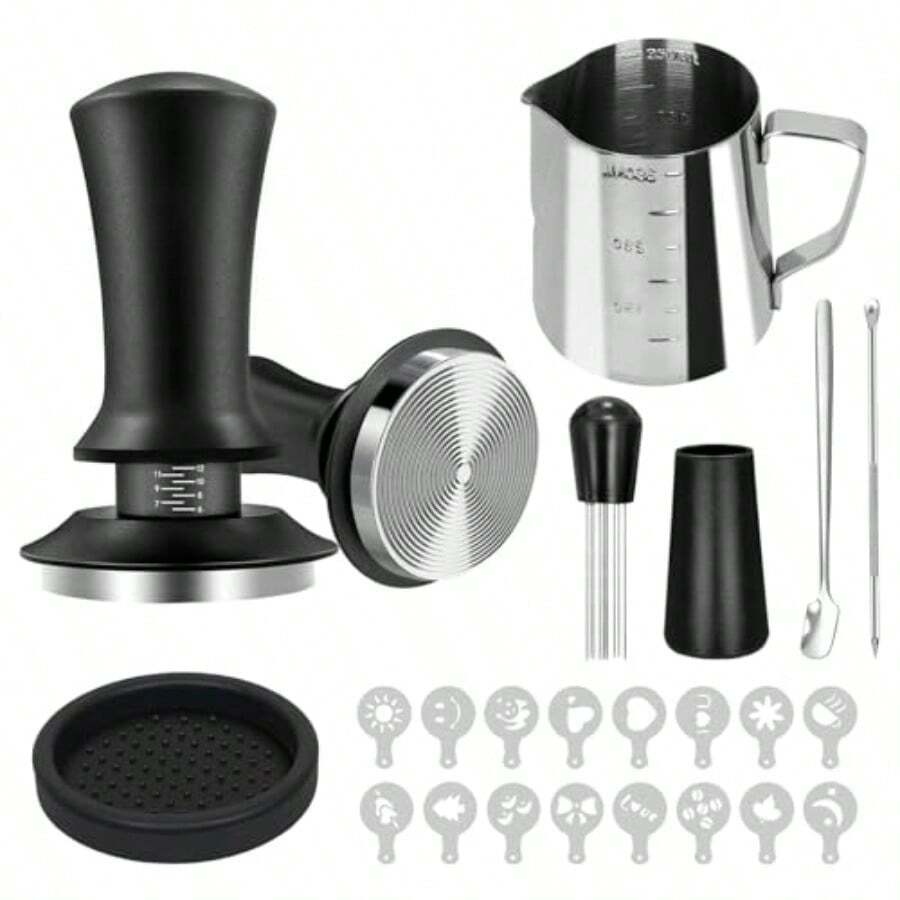 Kit Barista Profesional Para Espresso 22 Accesorios de Café Tamper 51mm WDT Jarra Espumadora 350 ml Latte Art Base Tapete y 16 Plantillas 22 - Negro y plata - Ver 1