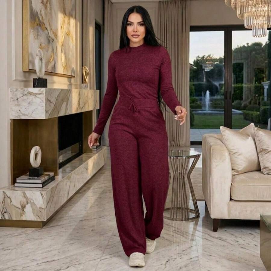 Women's Winter Outfit Set: Wide-Leg Pants And Long-Sleeved Shirt - Burgundy - View 1