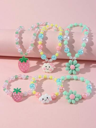 6pcs/Set Girls Cute Flower, Cloud, Strawberry Beaded Bracelet Set, Colorful Bead Accessories Suitable For Girls Daily Wear, Festivals, Gifts For Best Friends