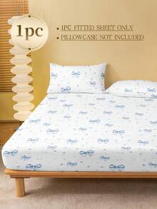 1pc Light Blue Bow Pattern Fitted Bedsheet, Dust Cover, Valentine's Day Bedspread, Suitable For All Bed Sizes - Twin, Full, Queen, Soft & Breathable, Fits Mattress Up To 11.8 Inches - Baby Blue - View 5