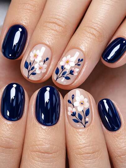 24片可爱方形按压式假指甲蓝色短指甲花朵亚克力法式假指甲女士棺材形指甲