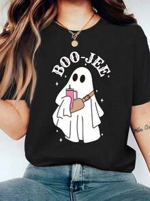 Camiseta de Mujer Estampada con Combinación de Letras y Gráficos para Ropa de Año Nuevo, Camisetas Gráficas, Tops de Mujer - Negro - Ver 1