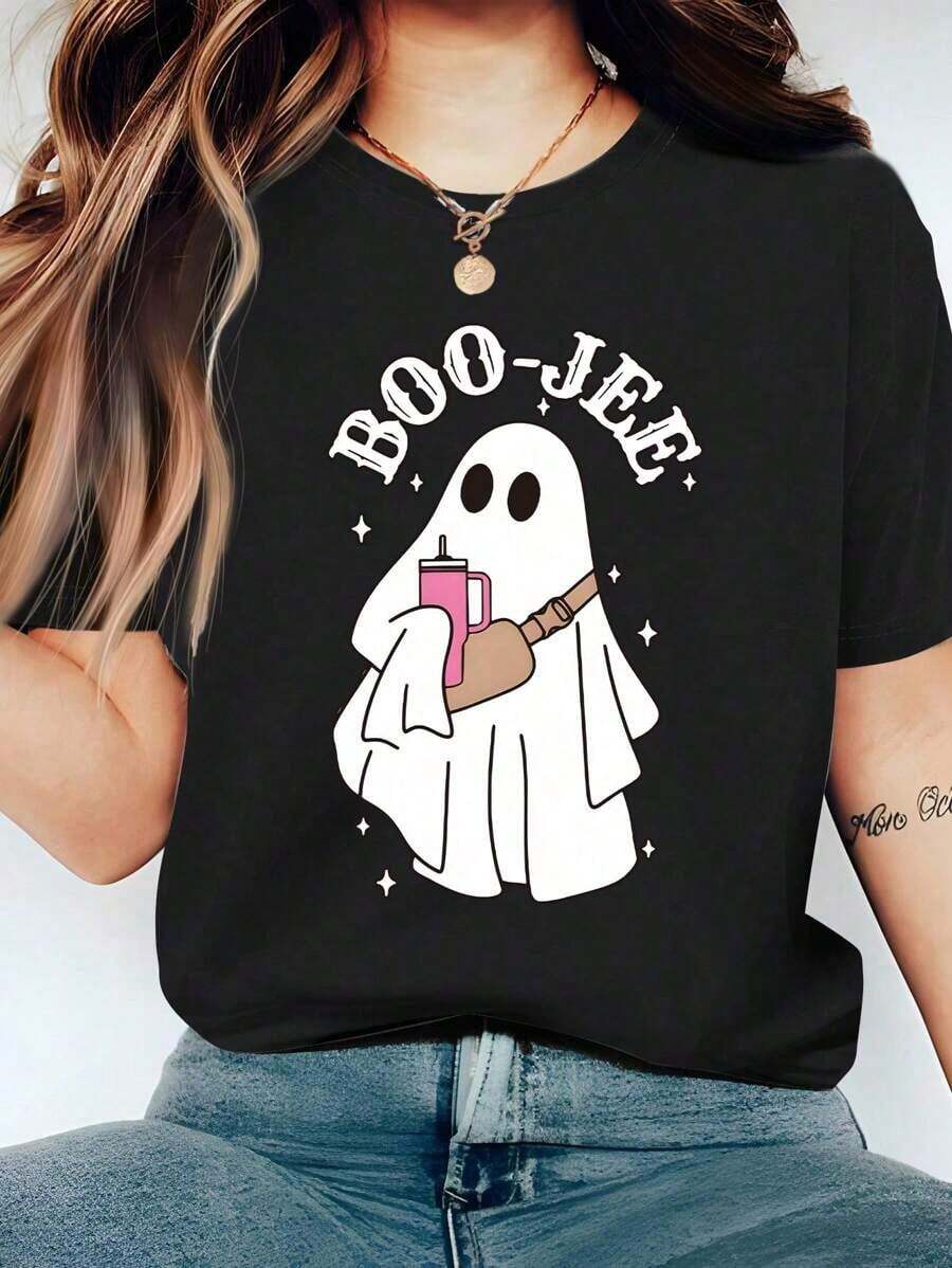Camiseta de Mujer Estampada con Combinación de Letras y Gráficos para Ropa de Año Nuevo, Camisetas Gráficas, Tops de Mujer - Negro - Ver 1