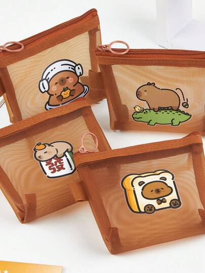 1pc Cartoon Transparent Storage Bag, Mini Stationery Storage Bag, Headphone Card Key Holder, Storage For Coins, Clips, Sticks, Mesh See-Through For Children As A Gift, Girls, Primary Junior High School Students